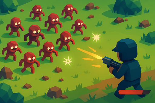 Fullscreen modern App Store landscape banner, 16:9, high definition, for a game titled "Gun Defense: Enemy Invasion" and with the description "Defend yourself against incoming enemy waves. Shoot enemies with your gun to destroy them before they reach you and drain your health. Balance offense and survival as you face increasingly challenging waves.". No text on banner!