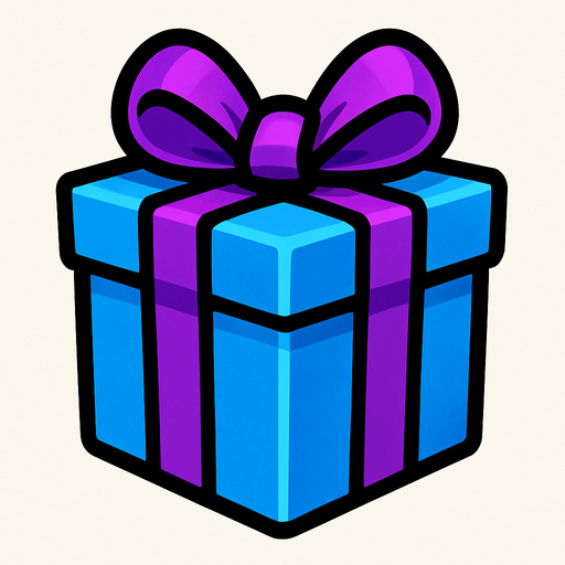 It has a purple ribbon and ribbons on a blue gift box.
In-Game asset.  2d.  High contrast.  No shadows