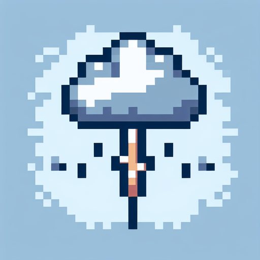 Retro art rain cloud with lighting bolt coming out the bottom 2d pixel art button logo.
Single Game Texture. In-Game asset. 2d. Blank background. High contrast. No shadows.