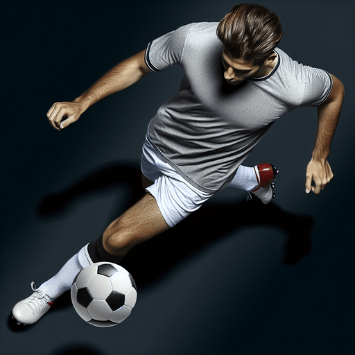 a soccer player top down running with a ball.
Single Game Texture. In-Game asset. 2d. Blank background. High contrast. No shadows.