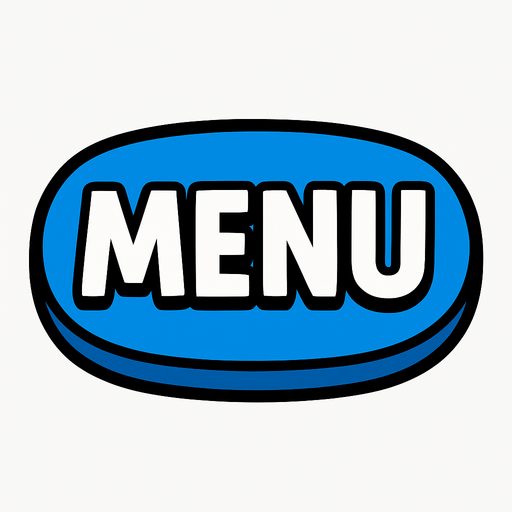 Boton de juego Azul que diga "MENU".
In-Game asset.  2d.  High contrast.  No shadows