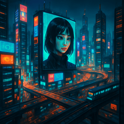 Cyberpunk city. have digital screens and digital girl have black hair talking on it. towers. from above. cars on roads. Trains roads. HD colors.