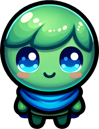 Uma bolinha verde dos olhos azuis fofo com uma capa azul fundo png 2d.
Single Game Texture. In-Game asset. 2d. Blank background. High contrast. No shadows.