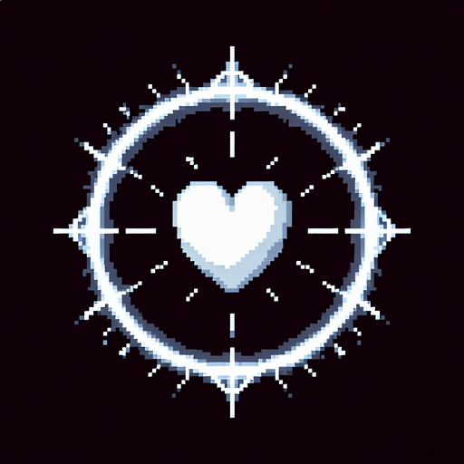 pixel art of a pulsating white heart with a halo. 
Single Game Texture. In-Game asset. 2d. Blank background. High contrast. No shadows.