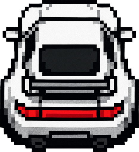 un coche blanco deportivo hecho con pixeles con perspectiva desde arriba de la parte trasera.
In-Game asset.  2d.  High contrast.  No shadows