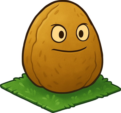 Nuez inspirada en Plants vs. Zombies 1. Una gran nuez de color marrón con textura rugosa y mirada serena pero decidida. Está plantada sobre una baldosa de césped en un jardín soleado. No está en combate ni dañada, solo en posición defensiva y tranquila. Estilo caricaturesco, líneas suaves, colores cálidos y sin sombras. Fondo transparente, ideal como asset 2D para videojuego. que este feliz o