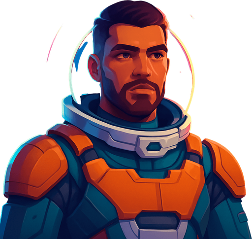 Front-facing icon, Fullscreen modern App Store art style with futuristic male colonist, 16:9, high definition.  No text captions!