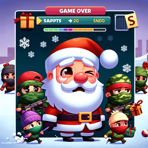 A game over screen for the game "Snowball Santa". Santa is very sad because all the presents has been stolen from ninja kids.
Single Game Texture. In-Game asset. 2d. Blank background. High contrast. No shadows.