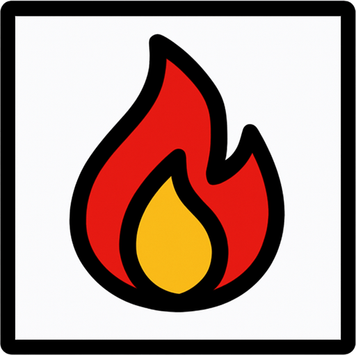 top-down view, simple minimal white square icon, centered flame symbol inside, clear sharp lines, no background, clean style, for game UI button, 30x30 px, black red yellow.
In-Game asset.  2d.  High contrast.  No shadows