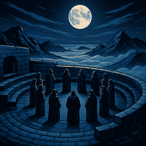 A mountaintop stone amphitheater under a glowing full moon, robed figures in a ritual circle, icy wind sweeping, high above the clouds, solemn medieval council scene, realistic.
In-Game asset.  2d.  High contrast.  No shadows