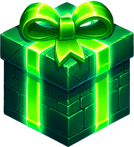 Christmas gift with glowing green wrapping paper Single Game Texture. In-Game asset. 2d. Blank background. High contrast. No shadows.