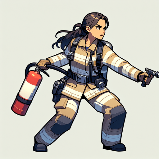 firefighter using fire extinguisher
Single Game Texture.  In-Game asset.  2d.  Blank background.  High contrast.  No shadows