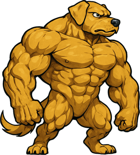 Golden dog with blue eyes that is SOO BUFF that he looks so cool and he scares everyone away. full body. Facing right.
2d.