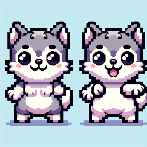 Wolf puppy 8-bit character cute and adorable.
Single Game Texture. In-Game asset. 2d. Blank background. High contrast. No shadows.