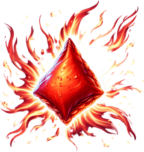 Create a spicy red samosa with flames, symbolizing a speed boost. The samosa should have a glowing effect and fire particles around it..
Single Game Texture.  In-Game asset.  2d.  Blank background.  High contrast.  No shadows