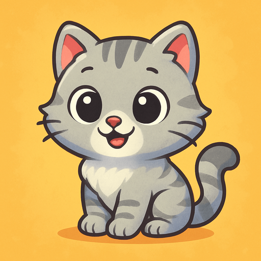 A cute cartoon-style cat character for a mobile game. Soft fluffy fur, big round eyes, small triangular ears, pink nose, and a curled tail. Light gray or orange color, standing or sitting with a playful and happy expression. High-quality digital illustration with a simple, colorful background. Ideal for a fun and friendly kids game.”.
In-Game asset.  2d.  High contrast.  No shadows. cartoon style