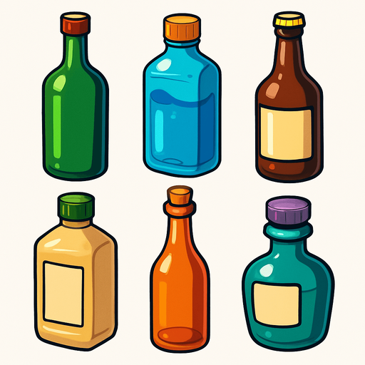 Pack of different bottles.
In-Game asset.  High contrast.  No shadows. 3D