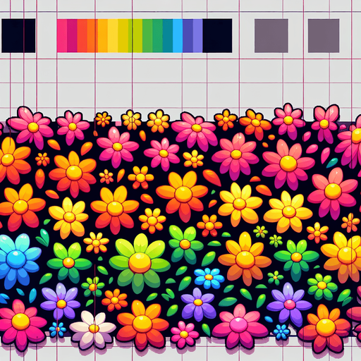 A sprite sheet of flowers seen from above. Cartoon. All similar size. Each blossom has multi colored rainbow petals. only the blossom. Bold colors and shading. 
Single Game Texture. In-Game asset. 2d. Blank background. High contrast. No shadows.