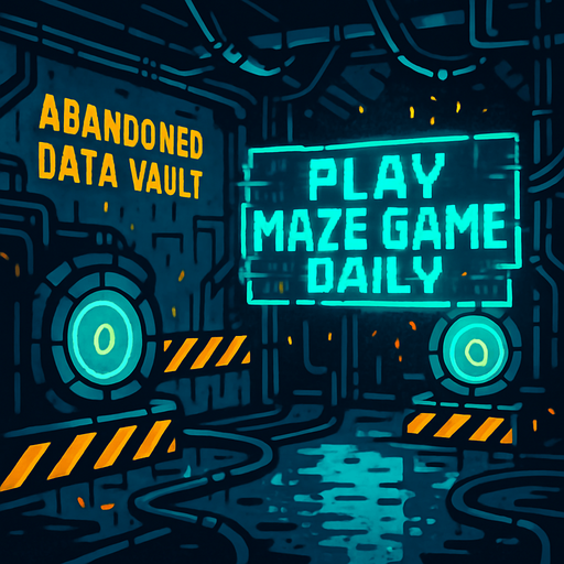 “Design an abandoned data vault with pulsing core reactors and neon warning stripes. A central holo-banner flashes ‘Play Maze Game daily’ in glitchy, stylized lettering. Add drifting sparks, cable conduits, and a damp metal floor reflecting ambient light—empty of characters and coins.”.
In-Game asset.  2d.  High contrast.  No shadows