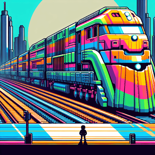 Train covering  5 blocks and 5 times bigger than tha character.
Single Game Texture. In-Game asset. 2d. Blank background. High contrast. No shadows.