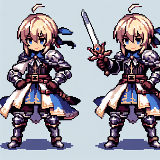 generate a 2d asset pixel art spritesheet of a anime girl knight with two frames. one idle and one attacking with a sword
Single Game Texture.  In-Game asset.  2d.  Blank background.  High contrast.  No shadows
