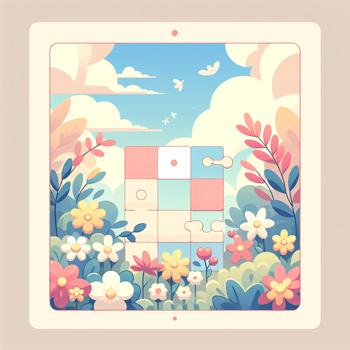 Background for relaxing puzzle game. Pastel colors, flat shaded, vector art. Flowers. Blocks. Relaxing. Clouds Single Game Texture. In-Game asset. 2d. Blank background. High contrast. No shadows.