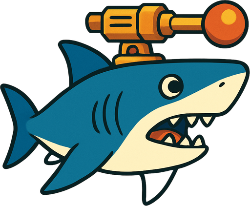 Shark with lasergun on his head, sideview, ghibli style.
In-Game asset.  2d.  High contrast.  No shadows