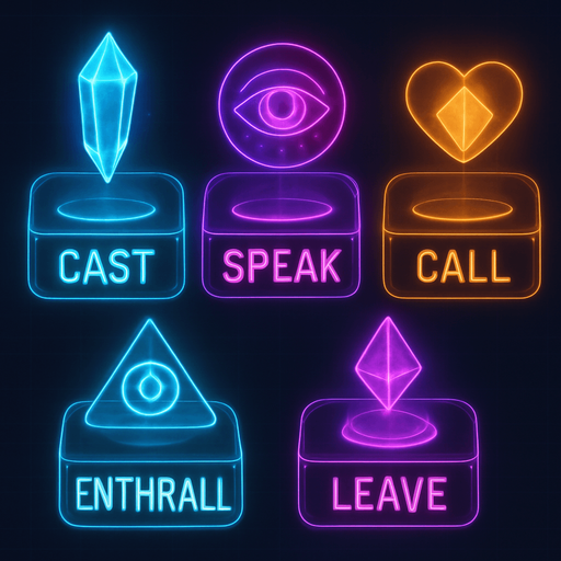 Neon cyberpunk mobile game menu overlay boxes for CAST, SPEAK, CALL, ENTHRALL, LEAVE magic gemstone crystal sigil eyeball heart triangle topdown flat 3d 2d hologram futuristic glowing occult chic HOLOGRAM menu