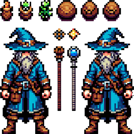 wisard 8 bit from the top down.
Single Game Texture. In-Game asset. 2d. Blank background. High contrast. No shadows.