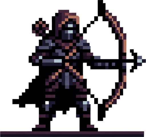create me a 2d pixel dark archer.
Single Game Texture. In-Game asset. 2d. Blank background. High contrast. No shadows.