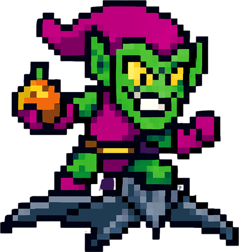 flying pixel art green goblin.
In-Game asset.  2d.  High contrast.  No shadows