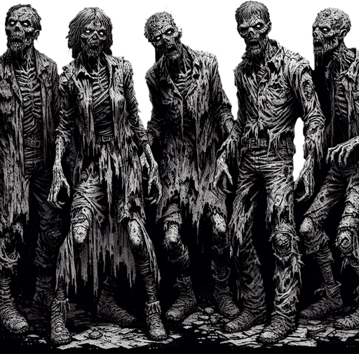 Zombies.
Single Game Texture. In-Game asset. 2d. Blank background. High contrast. No shadows.