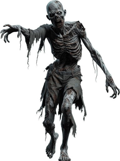 Zombie.
Single Game Texture.  In-Game asset.  2d.  Blank background.  High contrast.  No shadows