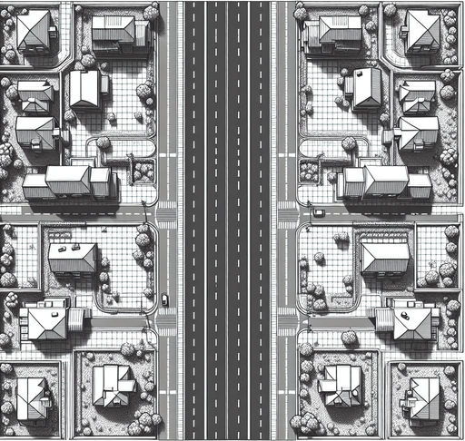 a two way road with houses upper view two d.
Single Game Texture.  In-Game asset.  2d.  Blank background.  High contrast.  No shadows