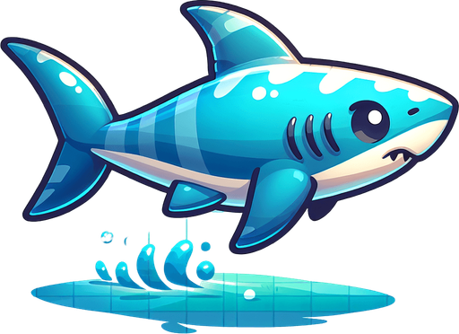 A cartoon shark swimming side profile..
Single Game Texture.  In-Game asset.  2d.  Blank background.  High contrast.  No shadows