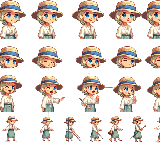 A spritesheet with a number of poses of a happy blond girl with blue eyes wearing a modern sunhat and summer dress, smiling, working, waiting, standing, turning, etc.The spritesheet should be laid out in a rectangular grid with clear space between each individual sprite. Each sprite in the sheet should be around 300x600 pixels in size.
Single Game Texture. In-Game asset. 2d. Blank background. High contrast. No shadows.