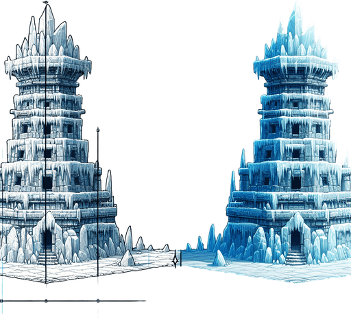 A turret tower built of iceblocks. Front view perspective. Single Game Texture. In-Game asset. 2d. Blank background. High contrast. No shadows.