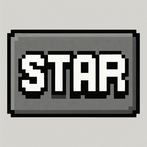 Rectángulo gris con bordes negros que en el sentro tenga la palabra Star pixelada.
In-Game asset.  High contrast.  No shadows