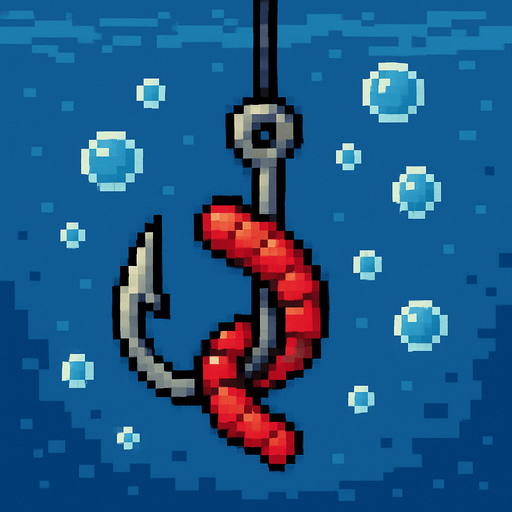 2D pixel art of a fishing hook with a red bait attached, hanging in water with bubbles, retro 16-bit style..
In-Game asset.  2d.  High contrast.  No shadows