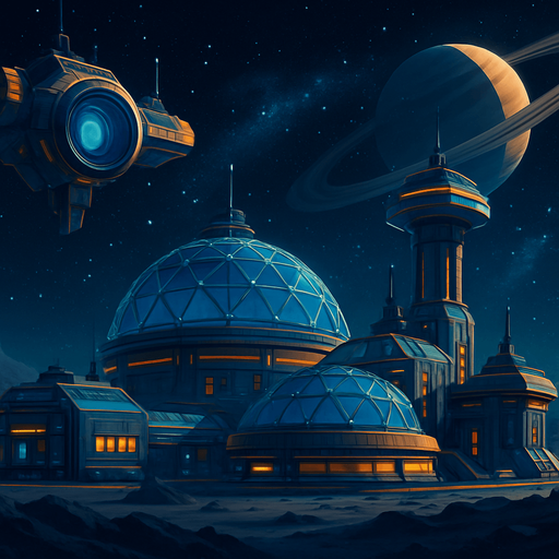 Fullscreen modern App Store landscape banner, 16:9, high definition, for a game titled "Uzay İstasyonu" and with the description "Kendi uzay kolonini kur, kaynakları topla, otomasyon sistemleri geliştir ve diğer kolonilerle stratejik savaşlara girerek galaksinin hakimi ol!". No text on banner!, Uzay istasyonu