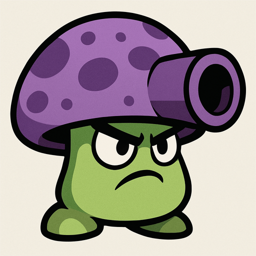 Cabeza (sombrero del hongo): Es grande, redonda y de color morado con manchas más oscuras. En el frente tiene una estructura que parece una boquilla o cañón, lo que da la impresión de que puede disparar algo.

Cuerpo: Pequeño y de color verde claro, con una expresión facial seria o enojada. Tiene ojos grandes y cejas inclinadas hacia abajo, lo que resalta su actitud agresiva o decidida.

Estilo: Es un diseño al estilo de caricatura o videojuego, similar a los personajes de Plants vs. Zombies..
In-Game asset.  2d.  High contrast.  No shadows