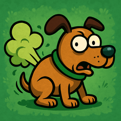 Cartoon dog doing a fart in plants vs zombies style artwork.
In-Game asset.  2d.  High contrast.  No shadows