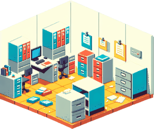 Single Game Texture. In-Game asset. 2D. Blank background. High contrast. No shadows. A pixel-art retro office background featuring cubicles, filing cabinets, and scattered papers. The design is simple but vibrant, with blocky shapes and bright colors suitable for a static 2D game environment..
Single Game Texture. In-Game asset. 2d. Blank background. High contrast. No shadows.