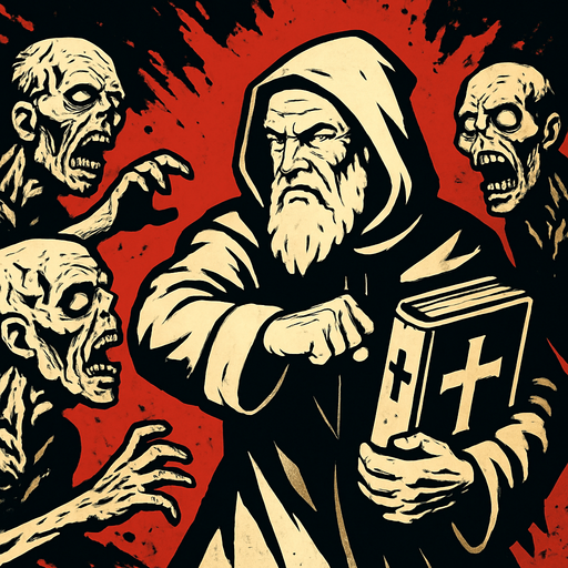 A background image (wallpaper) representing an old prophet-like man with white hair and beard, wearing a priest's robe (hooded) and holding a holy book (christianity, cross) in his hand, fighting against zombies..
In-Game asset.  2d.  High contrast.  No shadows