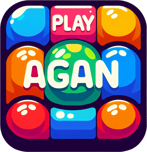 A colorful rectangular button with the text "Play Again" with each letter in a different color picked from a nice palette..
Single Game Texture. In-Game asset. 2d. Blank background. High contrast. No shadows.