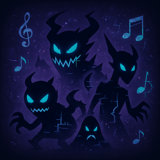 Design an icon for a button labeled "Enemies" in a fantasy tower defense game set in a haunted concert hall. The icon should represent the chaotic and musical nature of the enemies.

Show a cluster of stylized enemy silhouettes made of shadow, glitchy waveforms, or cracked musical notes. They should look menacing but stylized, like abstract creatures of sound and dissonance.

Use a dark, slightly glowing background (deep purple, blue, or smoky black) with subtle magical accents—floating broken clefs, static, or distortion.

Icon must be square (256×256 px), clean, and readable at small sizes.
Avoid text—use only imagery.
Style: semi-flat or digitally painted fantasy UI, consistent with an elegant but eerie orchestral theme..
In-Game asset.  2d.  High contrast.  No shadows