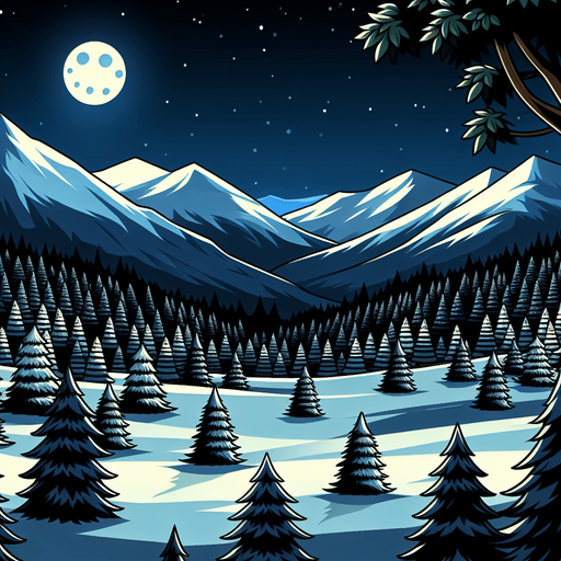 Mountain valley with snowy trees. Scenic view. Nighttime. Cartoon. Black background. New moon
Single Game Texture. In-Game asset. 2d. Blank background. High contrast. No shadows.