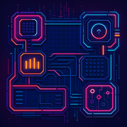 2D Top floor of complicated tower facing the screen to use it as a grid. future. Cyberpunk+abstract style. neon lights. seen from above. HD colors. No Diagonal assets.