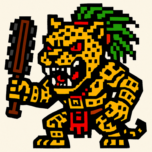 Genérame una Jaguar guerrero azteca con eso patrones, estilo pixelar, con una apariencia maligna, ojos rojos, rabioso. Unidad cuerpo a cuerpo.
In-Game asset.  2d.  High contrast.  No shadows