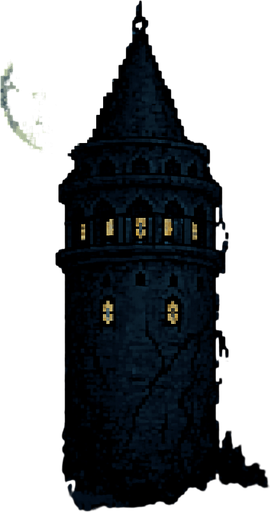 Create a pixel-art environment asset of the Galata Tower at night, in a dark and eerie style suitable for a 2D horror survival game. The tower should be tall and imposing with its recognizable cylindrical stone structure and conical roof. Add cracks, overgrown vines, and dim glowing windows to give it a haunted, ancient look. A full moon and cloudy night sky in the background. Mist or fog at the base. The overall atmosphere should feel ominous and mysterious. PNG format with transparent background..
In-Game asset.  2d.  High contrast.  No shadows
